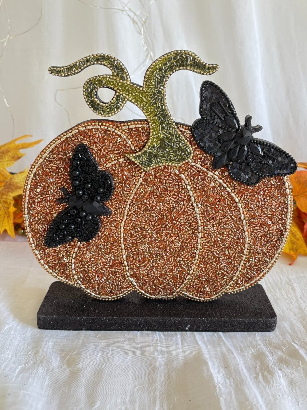 Vintage Inspired Beaded Fall Harvest Halloween Pumpkin & Black Butterflies New